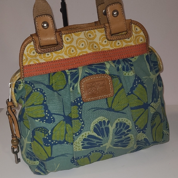 Fossil Green and Blue Butterfly Shoulder Bag Leather & Canvas - Picture 1 of 9